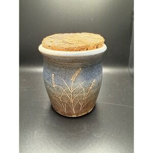 Rustic Ceramic Jar with Cork Lid Wheat Stalk Design Kitchen Storage Container